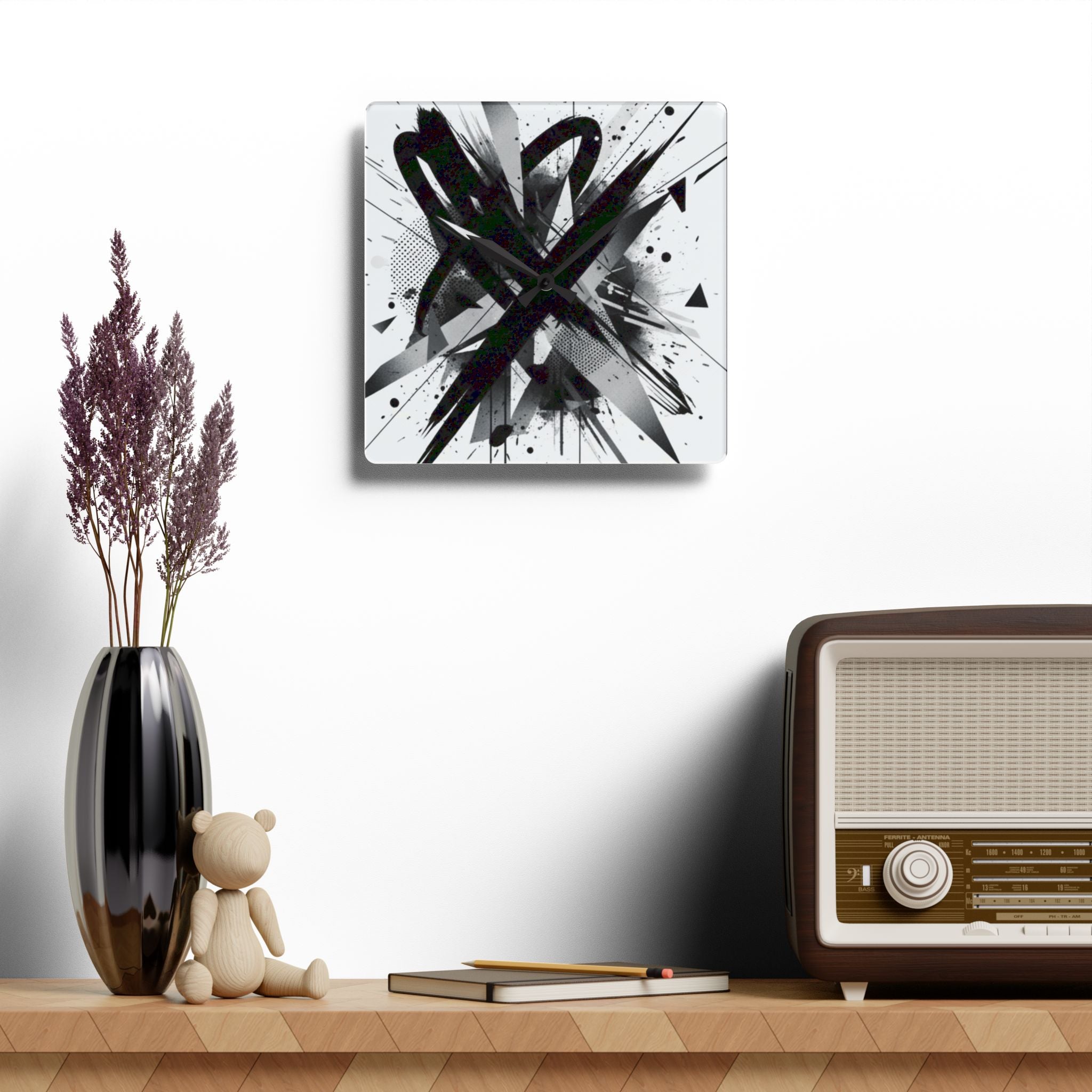 Abstract Black Ink Splash Acrylic Wall Clock — Modern Monochrome Art Timepiece