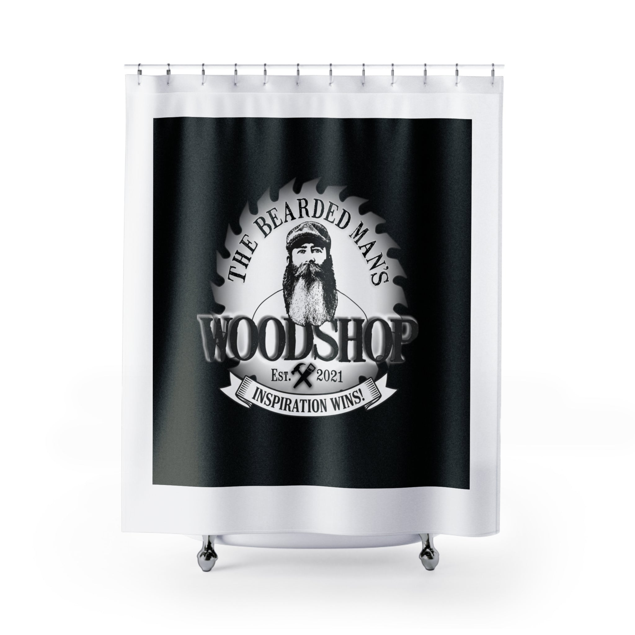 Woodshop Shower Curtain — "The Bearded Man's Woodshop" Rustic Workshop Bathroom Decor