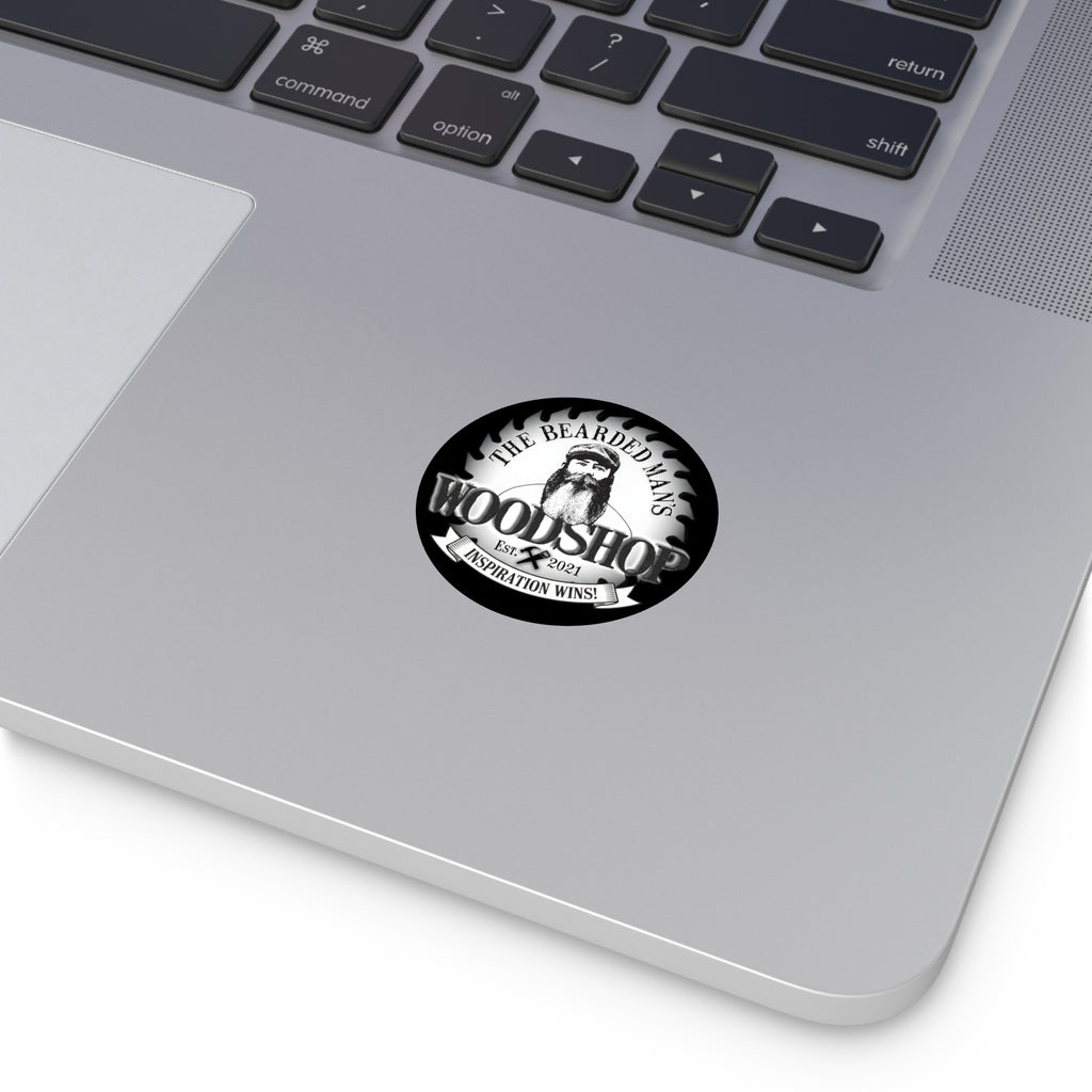 Bearded Man's Woodshop Round Vinyl Sticker — 'Inspiration Wins' Logo