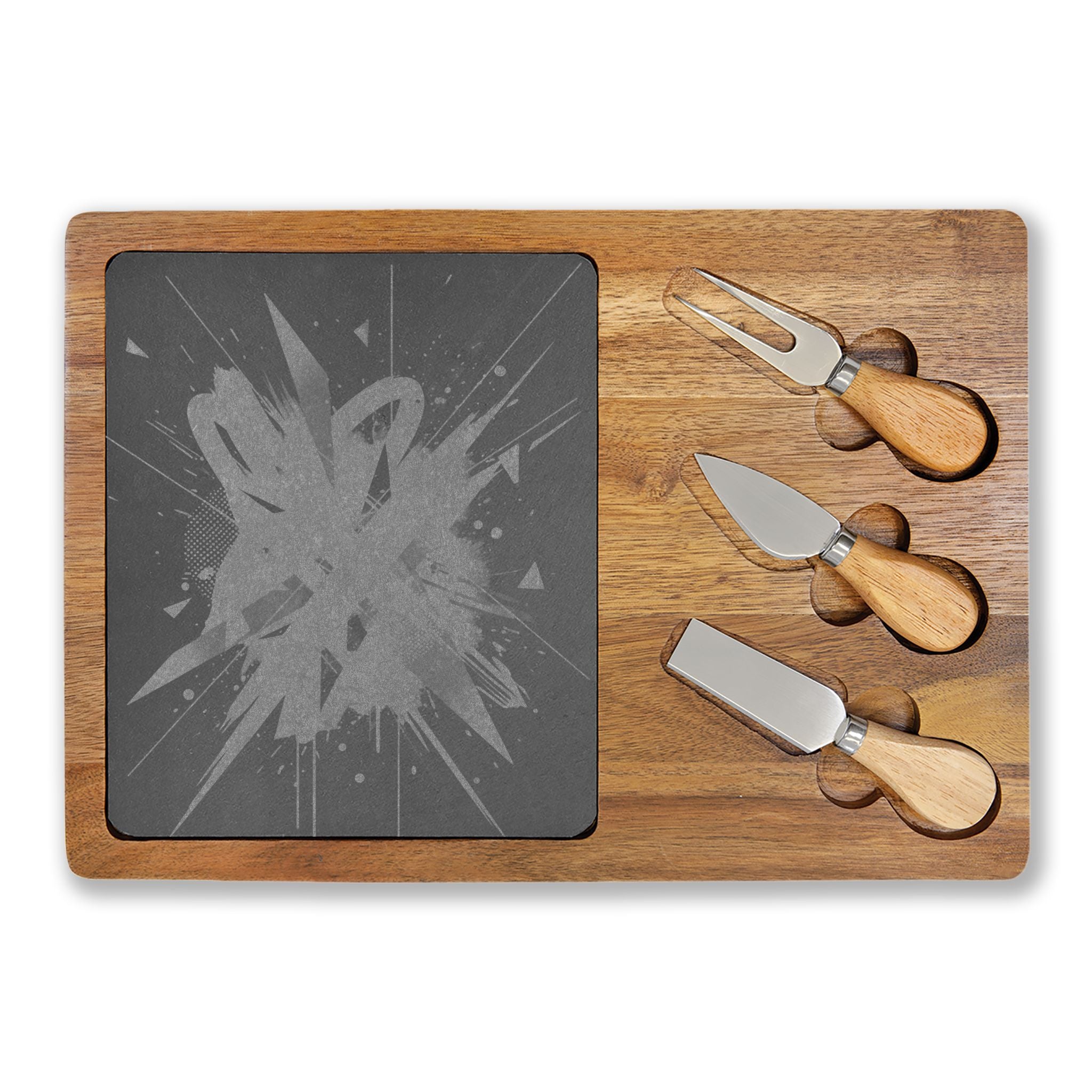 Engraved Bamboo Charcuterie Board with Slate Inlay & Knife Set