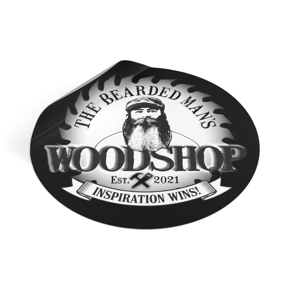 Bearded Man's Woodshop Round Vinyl Sticker — 'Inspiration Wins' Logo