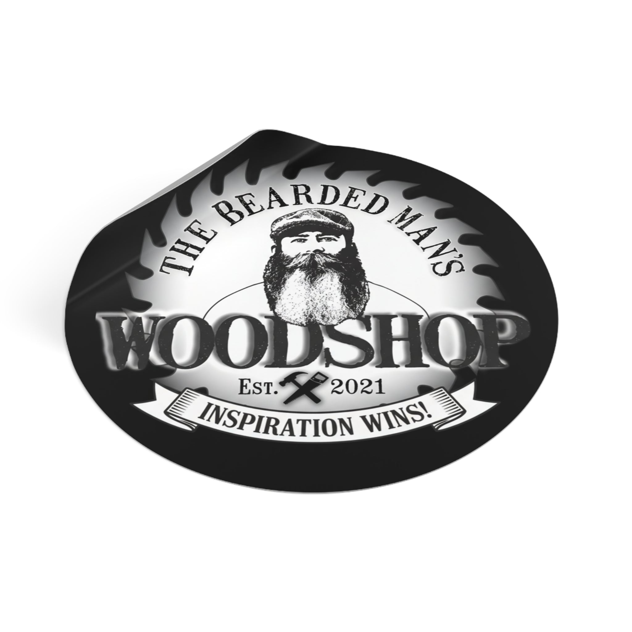 Bearded Man's Woodshop Round Vinyl Sticker — 'Inspiration Wins' Logo