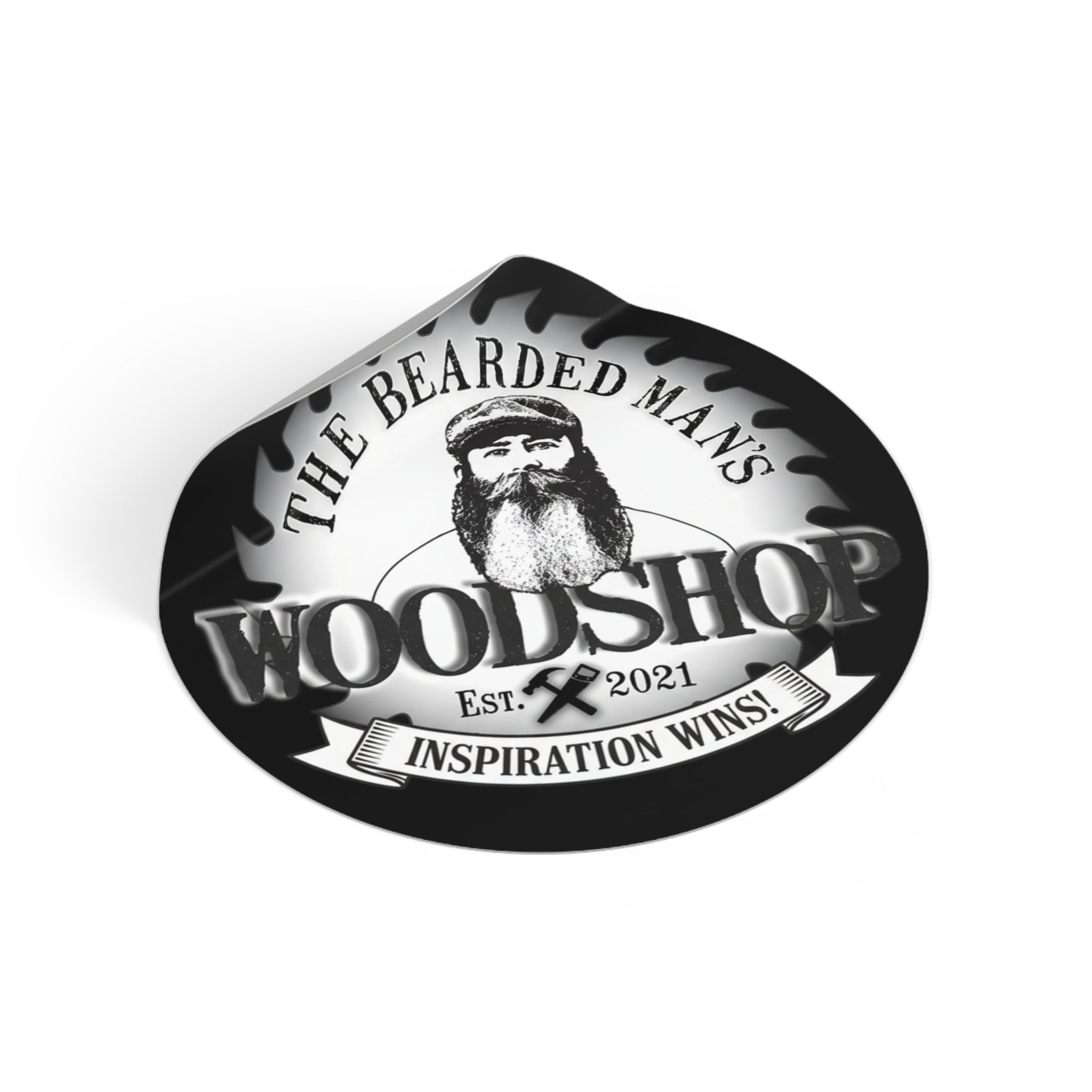 Bearded Man's Woodshop Round Vinyl Sticker — 'Inspiration Wins' Logo