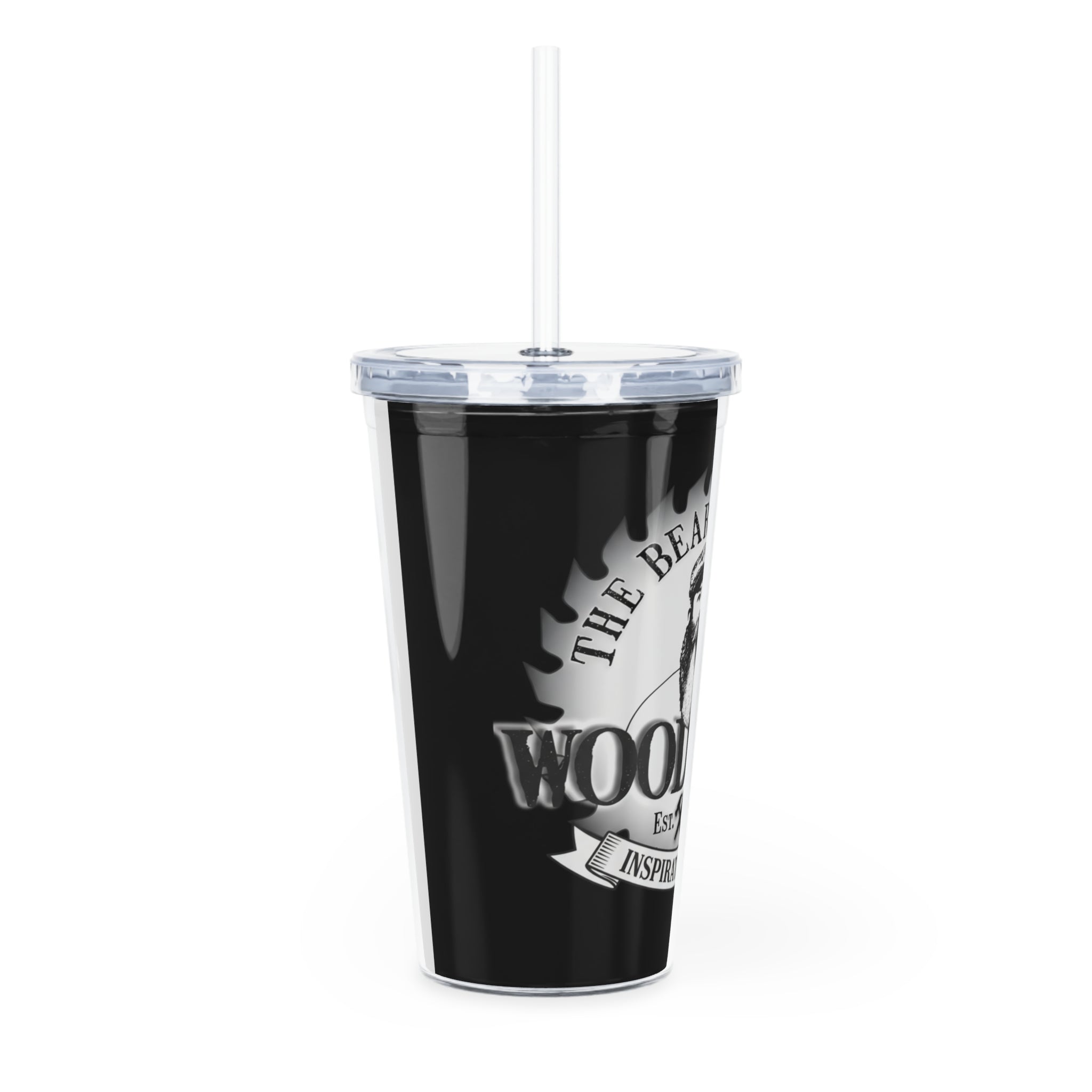 Bearded Man’s Woodshop Tumbler with Straw — Black Logo Drink Cup