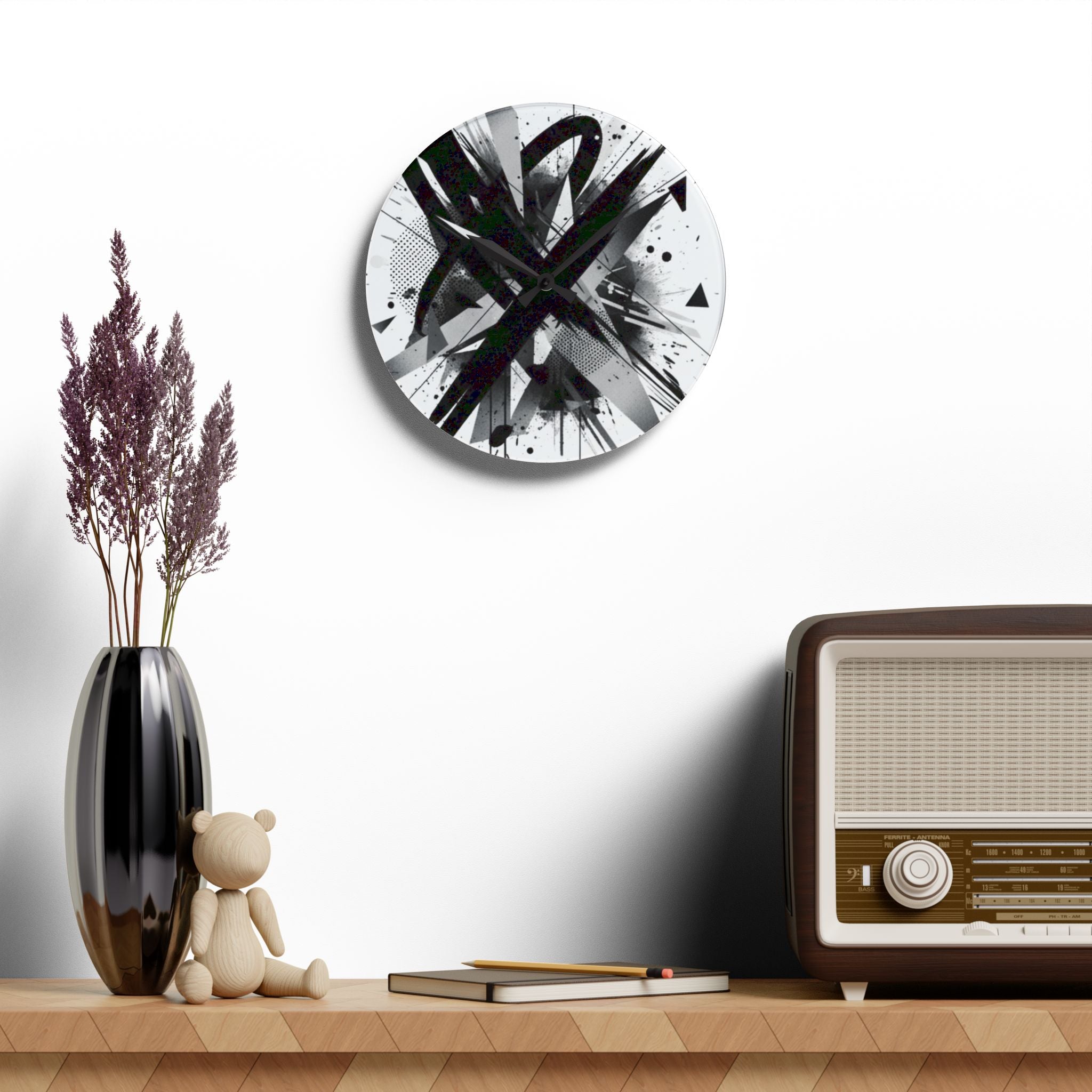 Abstract Black Ink Splash Acrylic Wall Clock — Modern Monochrome Art Timepiece