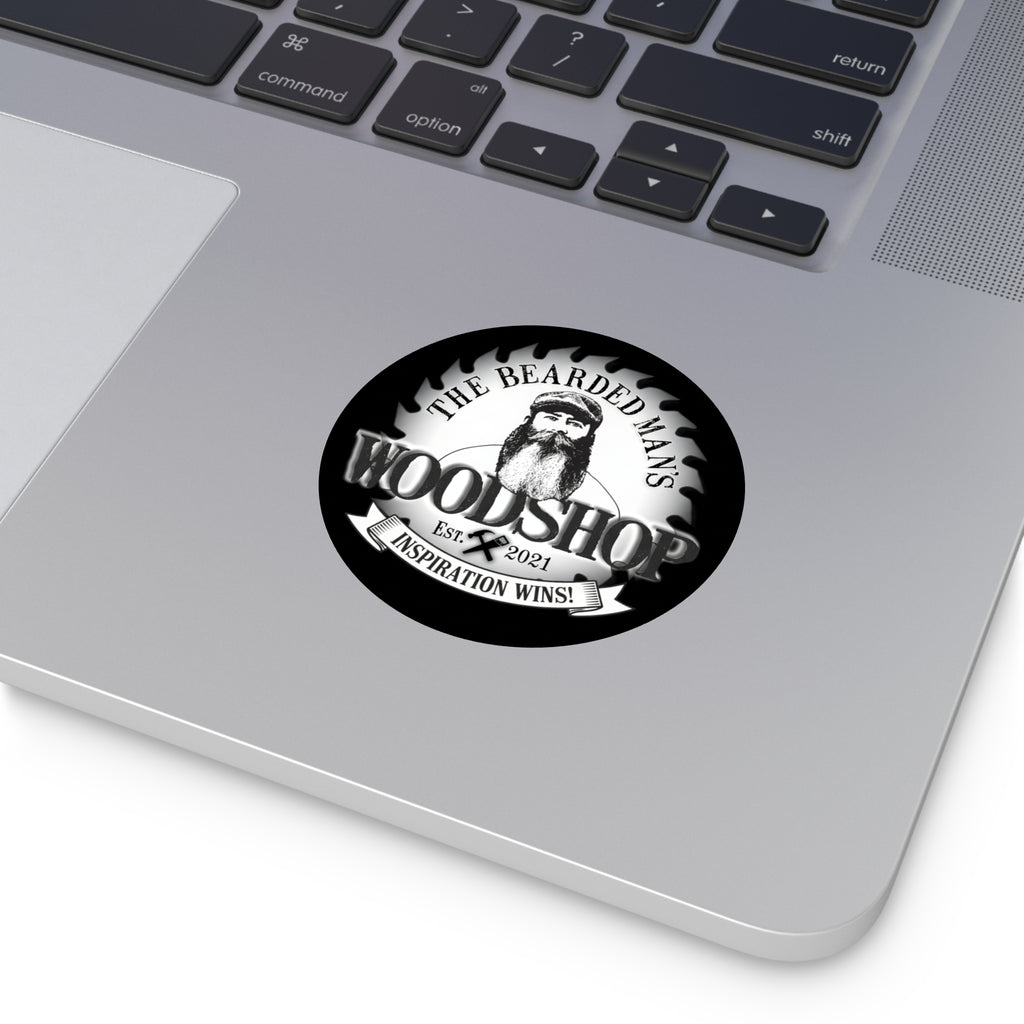 Bearded Man's Woodshop Round Vinyl Sticker — 'Inspiration Wins' Logo