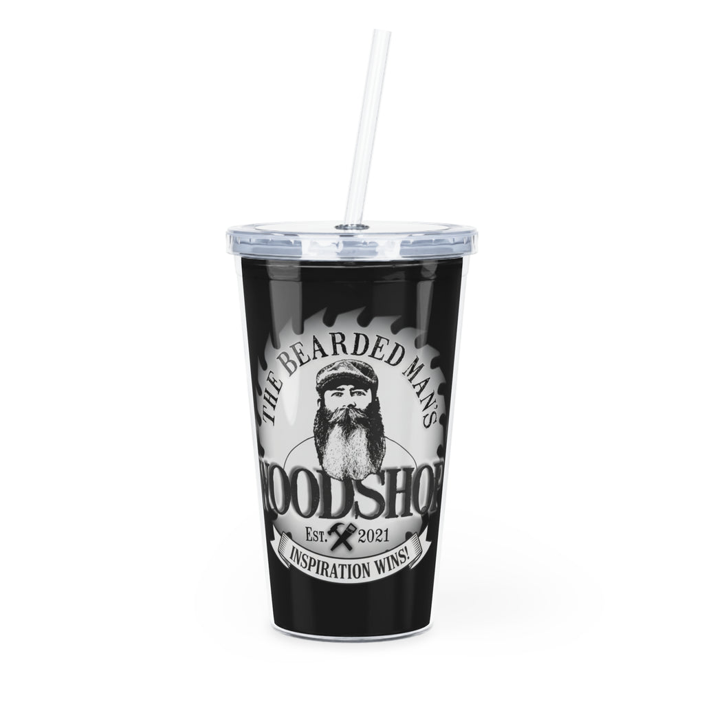 Bearded Man’s Woodshop Tumbler with Straw — Black Logo Drink Cup