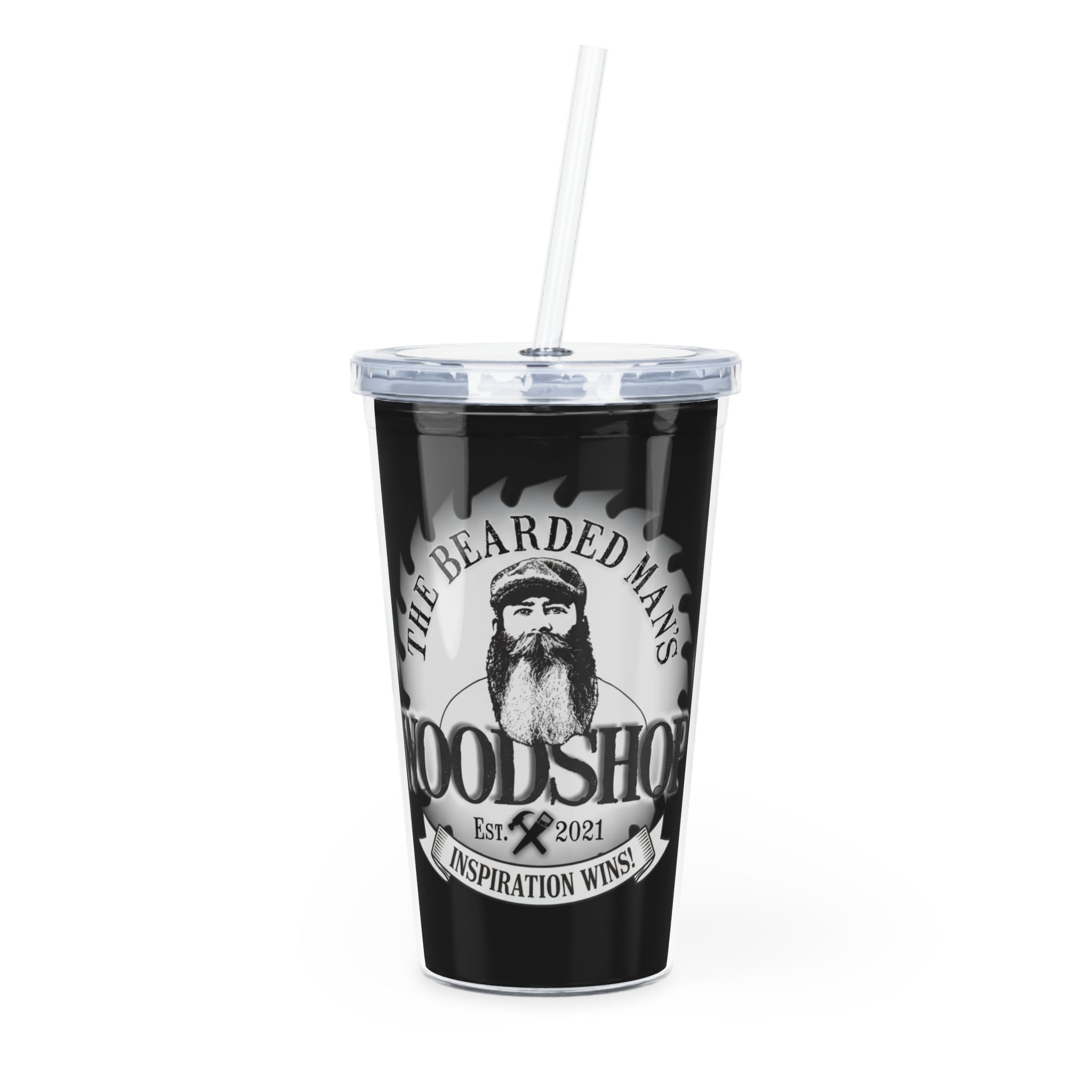 Bearded Man’s Woodshop Tumbler with Straw — Black Logo Drink Cup