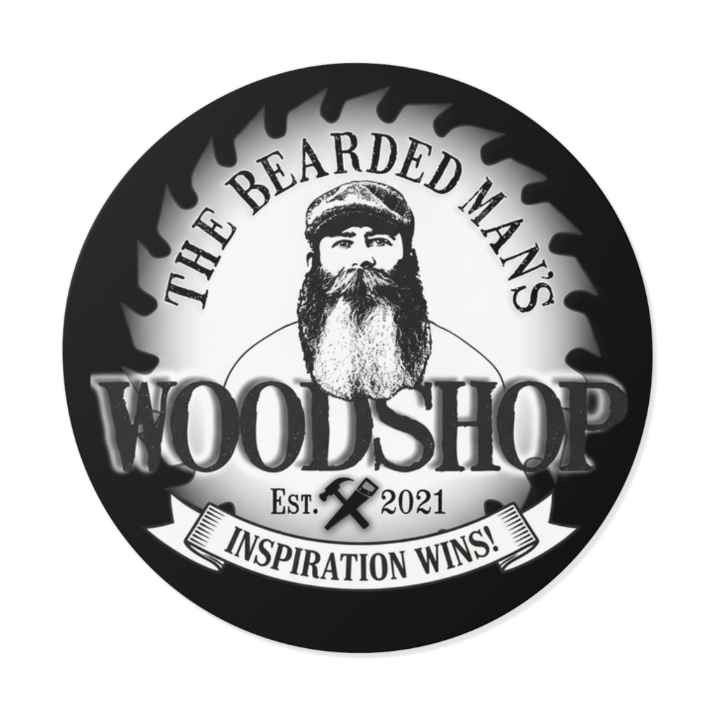 Bearded Man's Woodshop Round Vinyl Sticker — 'Inspiration Wins' Logo