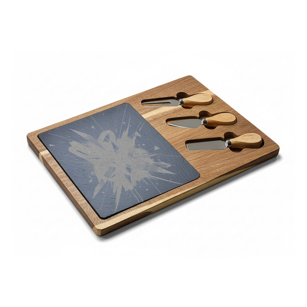 Engraved Bamboo Charcuterie Board with Slate Inlay & Knife Set
