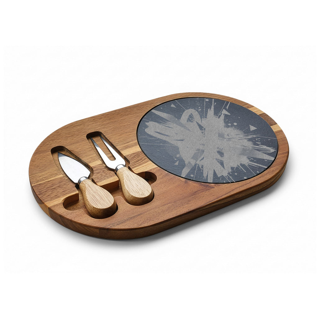 Engraved Bamboo Charcuterie Board with Slate Inlay & Knife Set