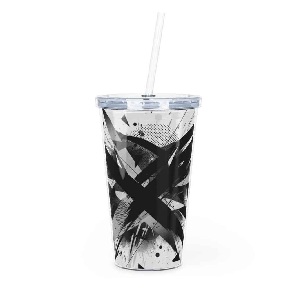Abstract Black & White Graphic Tumbler with Straw