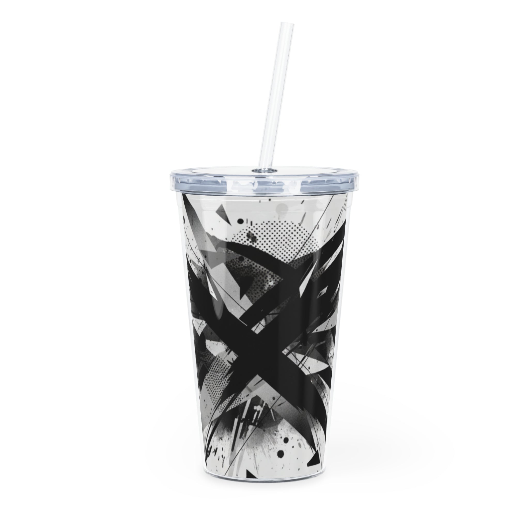Abstract Black & White Graphic Tumbler with Straw