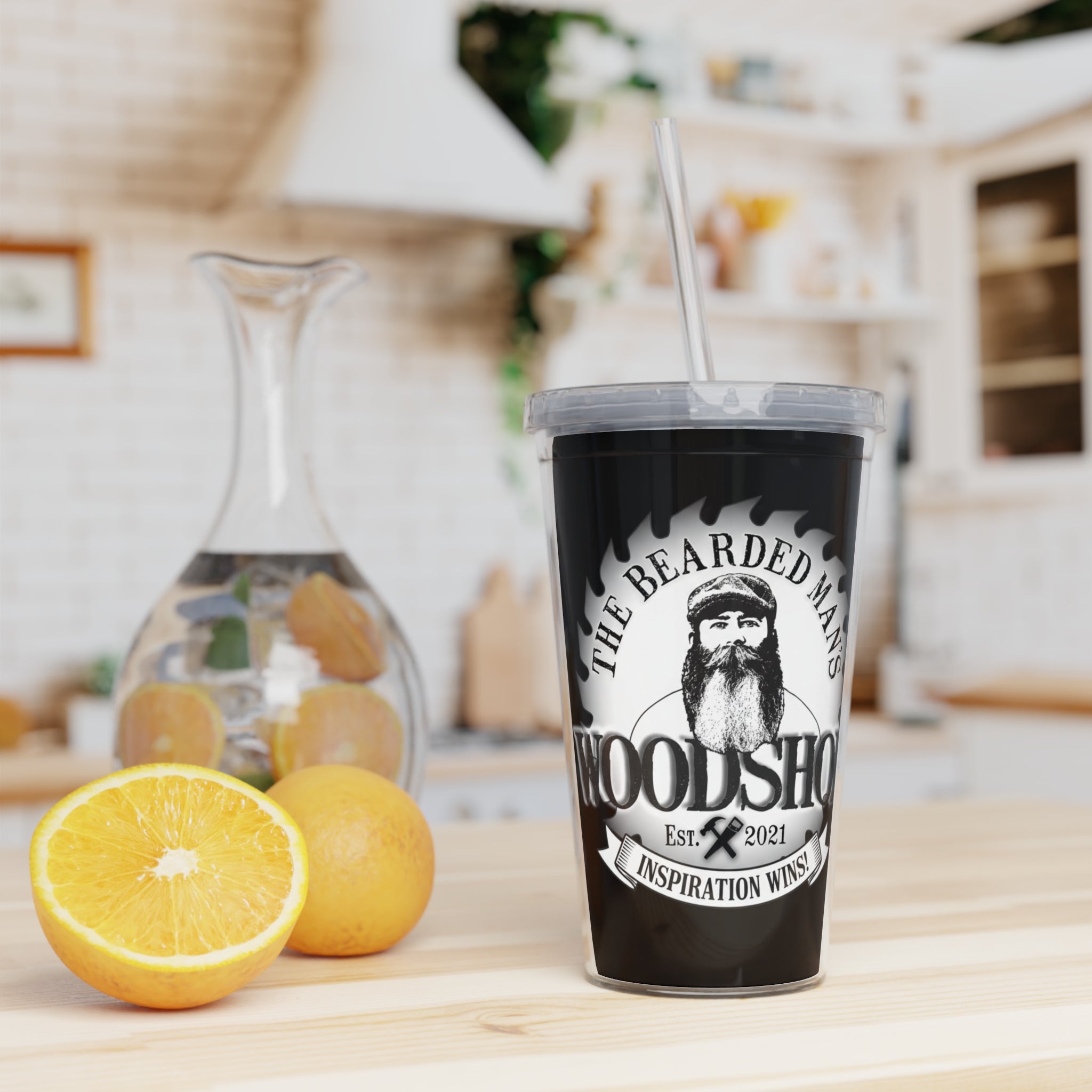 Bearded Man’s Woodshop Tumbler with Straw — Black Logo Drink Cup