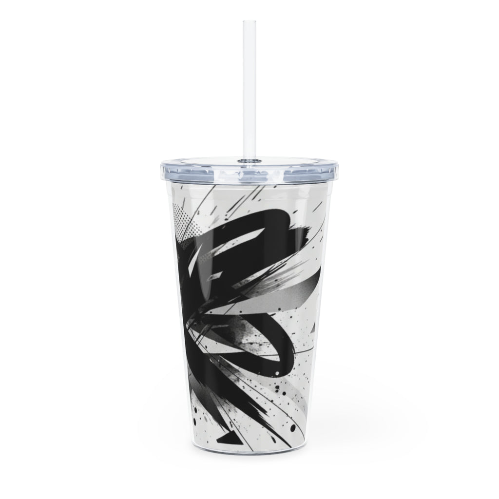 Abstract Black & White Graphic Tumbler with Straw