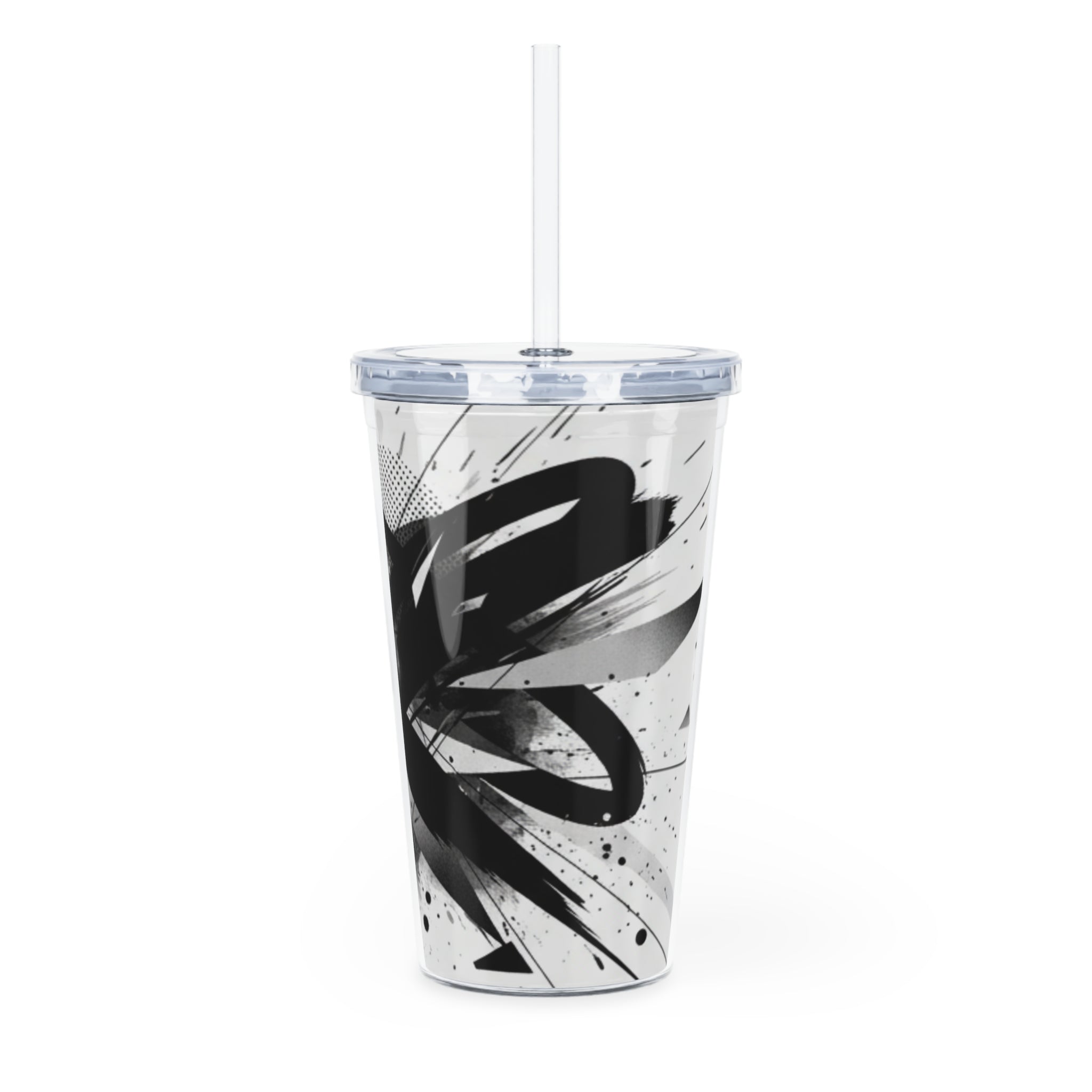 Abstract Black & White Graphic Tumbler with Straw