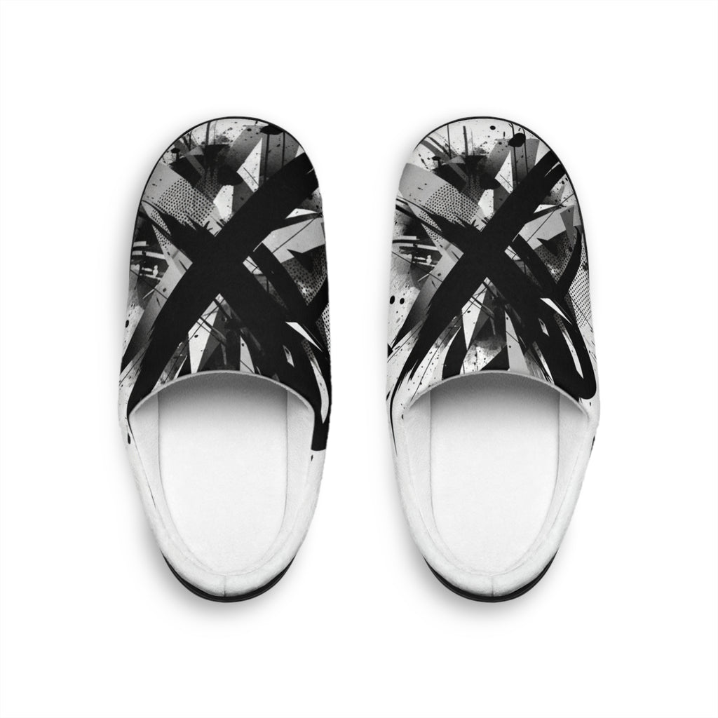 Abstract Black Brushstroke Women's Indoor Slippers - Cozy Slip-On House Shoes