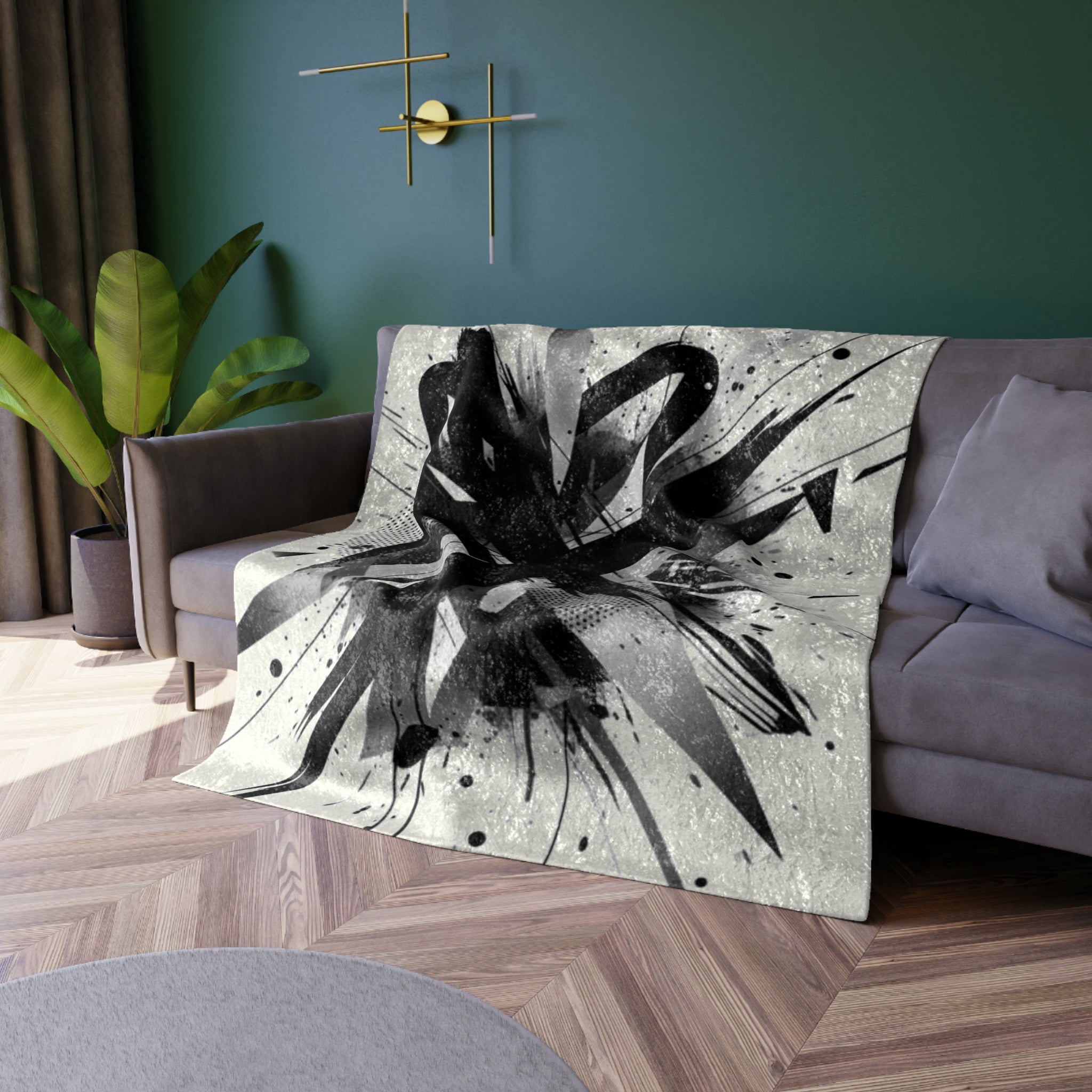 Abstract Monochrome Crushed Velvet Blanket – Modern Grunge Art Throw