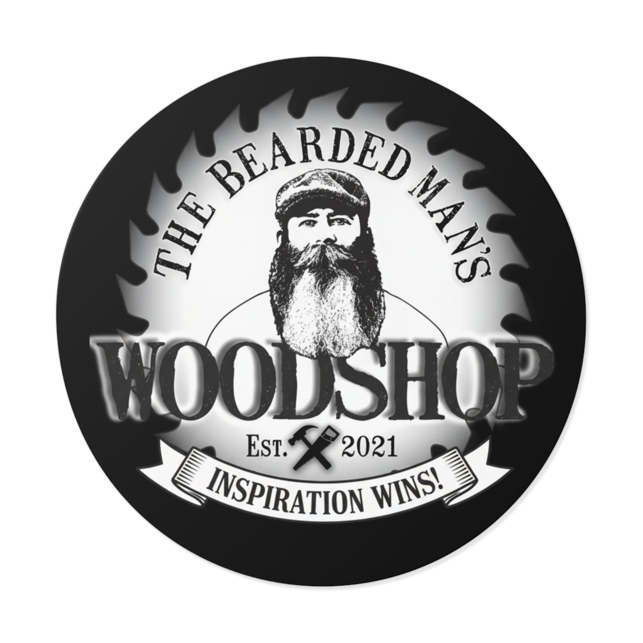 Bearded Man's Woodshop Round Vinyl Sticker — 'Inspiration Wins' Logo